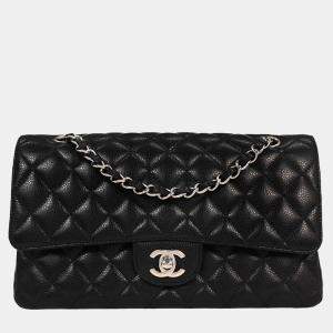 مملوكة مسبقًا حقيبة كتف شانيل كلاسيكية قلاب مزدوج سوداء جلد عجل متوسطة