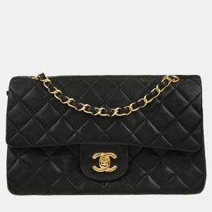 Pre Owned Chanel Black Lambskin Small Classic Double Flap Shoulder Bag