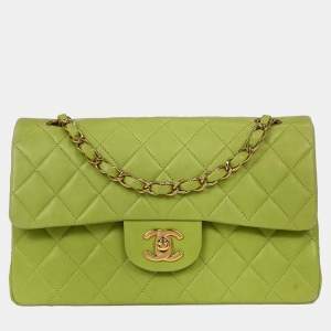 Pre Owned Chanel Green Lambskin Small Classic Double Flap Shoulder Bag