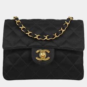 Pre Owned Chanel Black Satin Mini Classic Square Flap Shoulder Bag