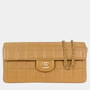 Pre Owned Chanel Beige Lambskin East West Choco Bar Shoulder Bag