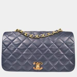 Pre Owned Chanel Navy Lambskin Full Flap Chain Shoulder Bag