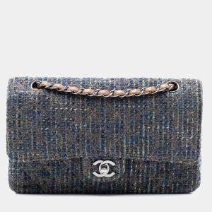 مملوكة مسبقًا حقيبة شانيل زرقاء متوسطة كلاسيكية قماش كتان مزدوجة الزر