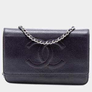 Pre Owned Chanel Purple CC Caviar Wallet On Chain