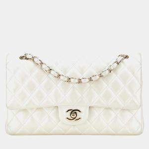 مملوكة مسبقًا Chanel Matelasse 25 Coco Mark Double Flap Chain Shoulder Bag Handbag White Lambskin