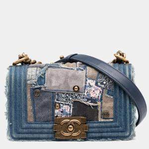 Pre Owned Chanel Boy Chanel Patchwork Chain Shoulder Bag Blue Gold Denim