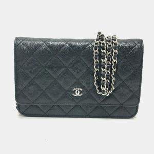 Pre Owned Chanel Matelasse Chain Wallet Shoulder Bag In Caviar Leather Black