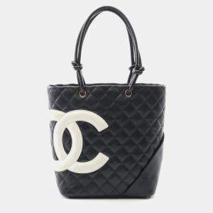 Pre Owned حقيبة يد توت شانيل كامبون متوسطة جلد سوداء وبيضاء