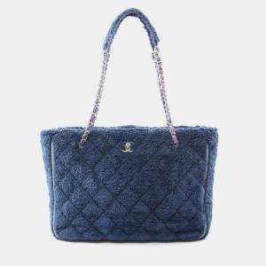 Pre Owned Chanel Coco Mark Large Shopping Tote Bag Fabric Women'S Blue Multicolor