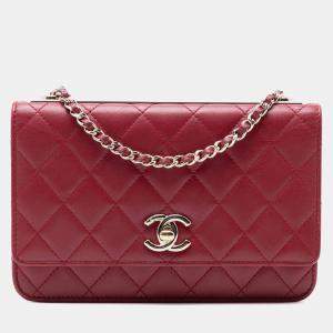 Pre Owned Chanel Red Lambskin Trendy CC Wallet On Chain