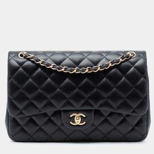 Pre Owned حقيبة شانيّل بوابة مزدوجة جلد الحمل كلاسيكي جامبو أسود