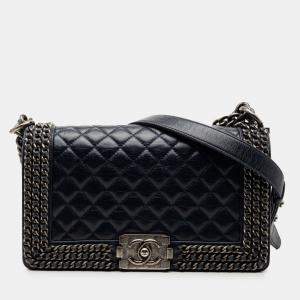 Pre Owned Chanel Blue Old Medium Quilted Glazed Calfskin Chain Around Boy Flap