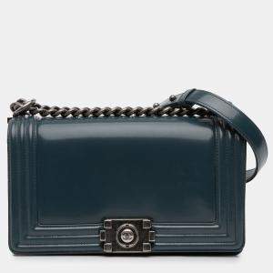 Pre Owned Chanel Blue Old Medium Glazed Calfskin Boy Flap