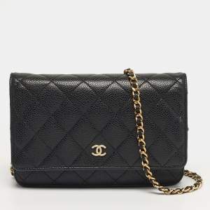 Pre Owned Chanel CC Black Caviar Quilted Leather Wallet On Chain