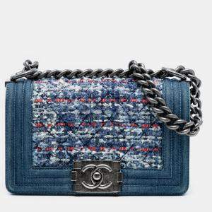 Pre Owned Chanel Blue Small Quilted Denim and Tweed Boy Flap