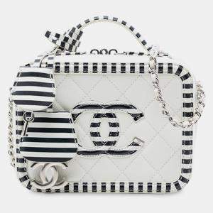 Pre Owned Chanel White Small Caviar Striped CC Filigree Vanity Case