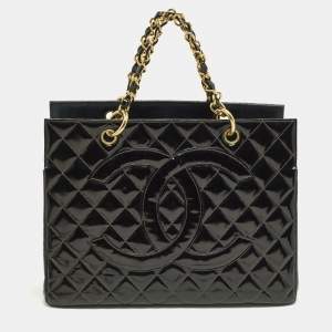 Pre Owned Chanel Black Quilted Patent Leather Chain Tote