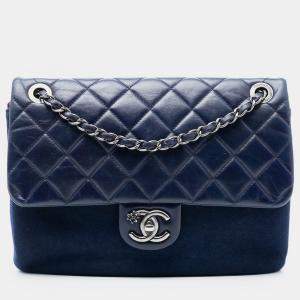 Pre Owned Chanel Blue Paris Salzburg Quilted Glazed Calfskin and Felt Edelweiss Flower CC Flap