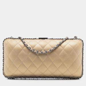 Pre Owned Chanel Gold Quilted Metallic Suede Chain Around Evening Clutch on Chain