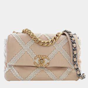 Pre Owned Chanel Brown White Medium Crochet Calfskin 19 Flap