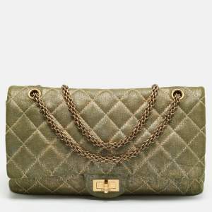 Pre Owned حقيبة بقلاب شانيل ريشيو 2.55 227 قماش دِنم متلألئ أخضر/ذهبي مبطن