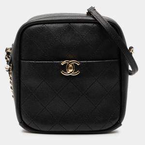Pre Owned حقيبة كاميرا شانيل سوداء مخيطة جلد الماعز شمال جنوب للاستخدام اليومي