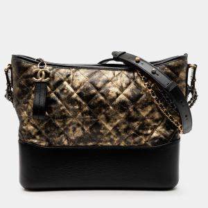 Pre Owned Chanel Black Gold Medium Quilted Metallic Crumpled Goatskin Gabrielle Hobo