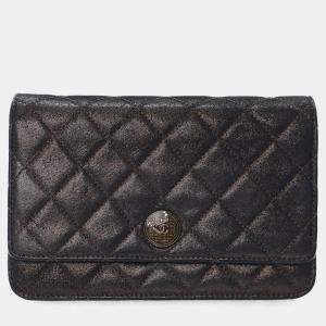 Pre Owned Chanel Black Metallic Quilted Leather Tartan Button Wallet On Chain (WOC)