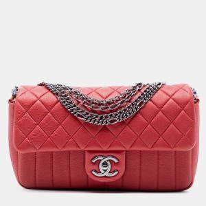 Pre Owned Chanel Red CC Quilted Calfskin Multi Chain Flap
