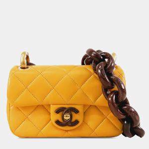مملوكة مسبقًا Chanel Yellow Mini Square Lambskin Wenge Wood Flap