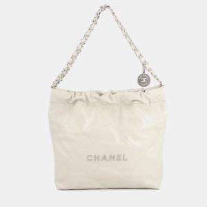 Pre Owned Chanel Handbag 22 Light Grey Shiny Calfskin Leather