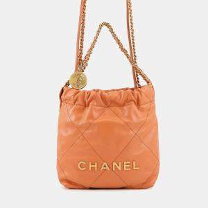 Pre Owned Chanel 22 Mini Coco Mark Orange Lambskin Handbag