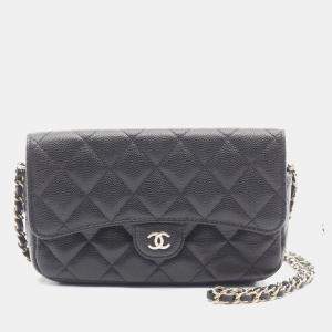 Pre Owned Chanel Matelasse Chain Phone Case Wallet Shoulder Bag In Grained Calfskin Leather Black