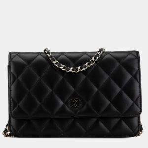 Pre Owned Chanel Matelasse Coco Mark Crossbody Chain Shoulder Wallet In Black Lambskin