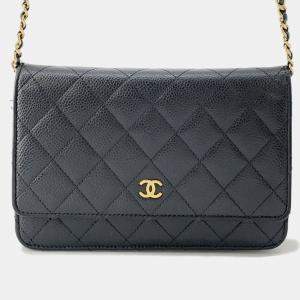 Pre Owned Chanel Chain Wallet Classic Matelasse Coco Mark Caviar Skin Black