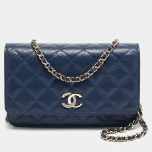 مملوكة مسبقًا محفظة على سلسلة شانيل كلاسيكية جلد كافيار مبطن أسود CC