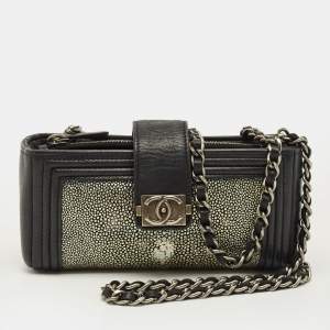 Pre Owned حقيبة هاتف شانيل بوي حاملة سوداء وميتاليك بجلد ستينغراي وسلسلة.