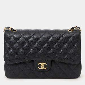 Pre Owned Chanel 2019 Black Caviar Leather Jumbo Double Flap Should Bag