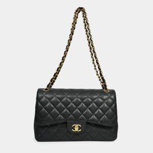 مملوكة مسبقًا Chanel 2021 Black Caviar Leather Jumbo Double Flap Bag GHW