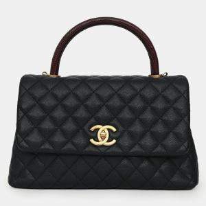 مملوكة مسبقًا Chanel 2017/18 Black Caviar Lizard Medium Coco Top Handle Bag