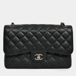 مملوكة مسبقًا Chanel 2013-14 Black Caviar Leather Classic Jumbo Double Flap SHW