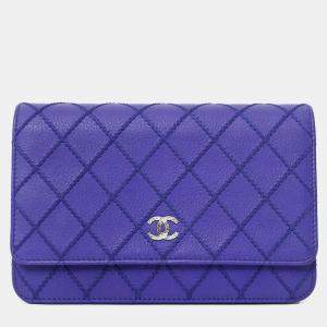 Pre Owned Chanel 2014 Blue Double Stitch Fancy CC Wallet On Chain