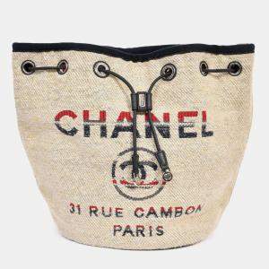 Pre Owned Chanel 2018-19 Beige Cloth Deauville Logo Bucket Shoulder Bag