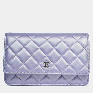 Pre Owned Chanel 2021 Purple Metallic Quilted Lambskin Wallet On Chain SHW
