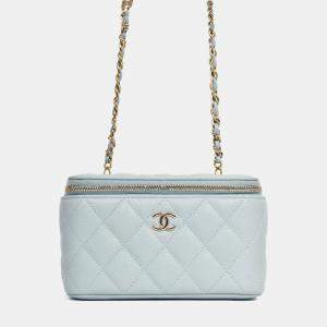 Pre Owned Chanel 2021 Blue Caviar Leather Quilted CC Vanity Top Handle Bag
