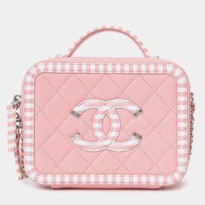 مملوكة مسبقًا حقيبة شانيل 2019 زهرية/بيضاء كافيار مبطنة مخططة صغيرة سي سي فيليجري فانيتي