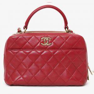 Pre Owned Chanel 2017-18 Red Quilted Lambskin Trendy CC Bowling Bag