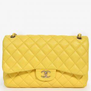 Pre Owned Chanel 2011-12 Yellow Lambskin Yellow Jumbo Double Flap Shoulder Bag