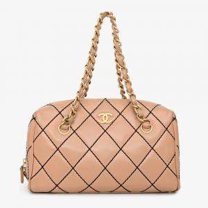 Pre Owned Chanel 2003/2004 Cream Leather Wild Stitch Surpique Bowler Bag