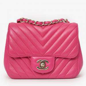 Pre Owned Chanel 2017/18 Pink Leather Chevron Mini Square Flap Bag